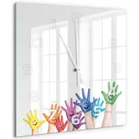 Tulup Wandklok - Geschilderde handen Glazen Wandklok Design - 60x60 cm - Veelkleurig Klok Glas Met Opdruk - Witte handen - Vierkante Klok - Wandklok Glas Met Motief - Decoratieve Glazen Klok