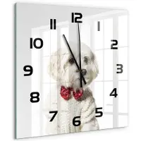Tulup Wandklok - Maltezer met een vlinderdas Wandklok Glas Met Motief - 60x60 cm - Rood Decoratieve Glazen Klok - Zwarte handen - Vierkante Klok - Gekleurde Glazen Klok - Glazen Klok Met Print