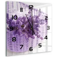 Tulup Wandklok - Lavendel in een mand Moderne Wandklok Glas - 60x60 cm - Paars Wandklok Glas Decoratie - Zwarte handen - Vierkante Klok - Glazen Wandklok Design - Klok Glas Met Opdruk