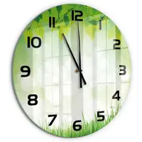 Tulup Wandklok - Bladeren en gras Glazen Klok Met Print - fi60 cm - Groente Wandklok Glas Met Motief - Zwarte handen - Ronde Klok - Wandklok Glas Decoratie - Gekleurde Glazen Klok
