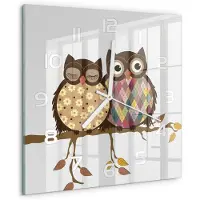 Tulup Wandklok - Twee uilen op een tak Moderne Wandklok Glas - 30x30 cm - Bruin Wandklok Glas Decoratie - Witte handen - Vierkante Klok - Glazen Wandklok Design - Klok Glas Met Opdruk