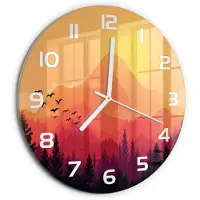 Tulup Wandklok - Berglandschap Wandklok Glas Met Motief - fi30 cm - Oranje Decoratieve Glazen Klok - Witte handen - Ronde Klok - Gekleurde Glazen Klok - Glazen Klok Met Print