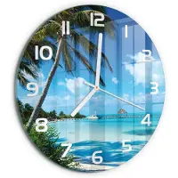 Tulup Wandklok - Tropisch strand Glazen Wandklok Design - fi30 cm - Blauw Klok Glas Met Opdruk - Witte handen - Ronde Klok - Wandklok Glas Met Motief - Decoratieve Glazen Klok