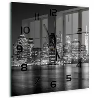 Tulup Wandklok - Manhattan 's nachts Moderne Wandklok Glas - 60x60 cm - Zwart-wit Wandklok Glas Decoratie - Zwarte handen - Vierkante Klok - Glazen Wandklok Design - Klok Glas Met Opdruk