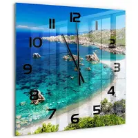 Tulup Wandklok - Baai Glazen Klok Met Print - 60x60 cm - Blauw Wandklok Glas Met Motief - Zwarte handen - Vierkante Klok - Wandklok Glas Decoratie - Gekleurde Glazen Klok