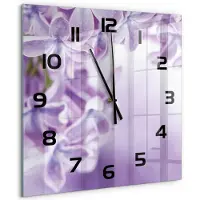 Tulup Wandklok - Paarse bloemen Gekleurde Glazen Klok - 60x60 cm - Paars Glazen Klok Met Print - Zwarte handen - Vierkante Klok - Moderne Wandklok Glas - Wandklok Glas Decoratie