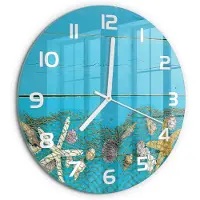 Tulup Wandklok - Zeesterren en schelpen Wandklok Glas Decoratie - fi30 cm - Blauw Gekleurde Glazen Klok - Witte handen - Ronde Klok - Klok Glas Met Opdruk - Moderne Wandklok Glas