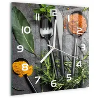 Tulup Wandklok - Bestek en specerijen Glazen Wandklok Design - 30x30 cm - Veelkleurig Klok Glas Met Opdruk - Witte handen - Vierkante Klok - Wandklok Glas Met Motief - Decoratieve Glazen Klok