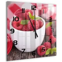 Tulup Wandklok - Frambozen in een kom Decoratieve Glazen Klok - 60x60 cm - Rood Glazen Wandklok Design - Zwarte handen - Vierkante Klok - Glazen Klok Met Print - Wandklok Glas Met Motief