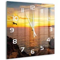 Tulup Wandklok - Zonsondergang Zee Glazen Klok Met Print - 60x60 cm - Geel Wandklok Glas Met Motief - Witte handen - Vierkante Klok - Wandklok Glas Decoratie - Gekleurde Glazen Klok