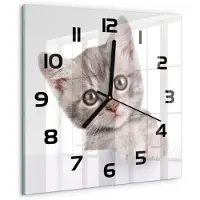 Tulup Wandklok - Grijze kat Decoratieve Glazen Klok - 30x30 cm - Grijs Glazen Wandklok Design - Zwarte handen - Vierkante Klok - Glazen Klok Met Print - Wandklok Glas Met Motief