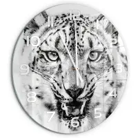Tulup Wandklok - Sneeuwluipaard Wandklok Glas Decoratie - fi60 cm - Zwart-wit Gekleurde Glazen Klok - Witte handen - Ronde Klok - Klok Glas Met Opdruk - Moderne Wandklok Glas