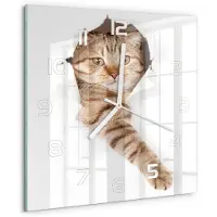 Tulup Wandklok - Kat Moderne Wandklok Glas - 30x30 cm - Beige Wandklok Glas Decoratie - Witte handen - Vierkante Klok - Glazen Wandklok Design - Klok Glas Met Opdruk