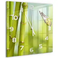 Tulup Wandklok - Bamboe en vlinder Wandklok Glas Met Motief - 60x60 cm - Groente Decoratieve Glazen Klok - Witte handen - Vierkante Klok - Gekleurde Glazen Klok - Glazen Klok Met Print