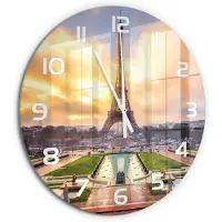 Tulup Wandklok - Eiffeltoren Parijs Wandklok Glas Decoratie - fi60 cm - Geel Gekleurde Glazen Klok - Witte handen - Ronde Klok - Klok Glas Met Opdruk - Moderne Wandklok Glas