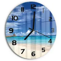 Tulup Wandklok - Tropisch strand Decoratieve Glazen Klok - fi30 cm - Blauw Glazen Wandklok Design - Zwarte handen - Ronde Klok - Glazen Klok Met Print - Wandklok Glas Met Motief