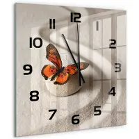 Tulup Wandklok - Zensteen en vlinder Klok Glas Met Opdruk - 60x60 cm - Oranje Moderne Wandklok Glas - Zwarte handen - Vierkante Klok - Decoratieve Glazen Klok - Glazen Wandklok Design