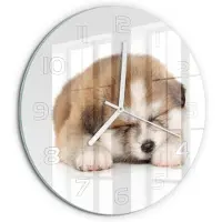Tulup Wandklok - Akita-puppy Klok Glas Met Opdruk - fi30 cm - Oranje Moderne Wandklok Glas - Witte handen - Ronde Klok - Decoratieve Glazen Klok - Glazen Wandklok Design