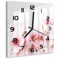 Tulup Wandklok - Kersenbloesem Decoratieve Glazen Klok - 30x30 cm - Roze Glazen Wandklok Design - Zwarte handen - Vierkante Klok - Glazen Klok Met Print - Wandklok Glas Met Motief