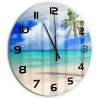 Tulup Wandklok - Caribisch strand Klok Glas Met Opdruk - fi60 cm - Blauw Moderne Wandklok Glas - Zwarte handen - Ronde Klok - Decoratieve Glazen Klok - Glazen Wandklok Design