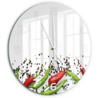 Tulup Wandklok - Chilipepers Klok Glas Met Opdruk - fi60 cm - Veelkleurig Moderne Wandklok Glas - Witte handen - Ronde Klok - Decoratieve Glazen Klok - Glazen Wandklok Design