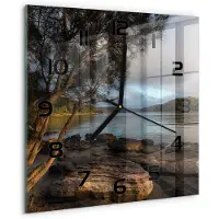 Tulup Wandklok - Boom aan de rivier Wandklok Glas Met Motief - 30x30 cm - Bruin Decoratieve Glazen Klok - Zwarte handen - Vierkante Klok - Gekleurde Glazen Klok - Glazen Klok Met Print