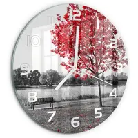 Tulup Wandklok - Rode boom Glazen Wandklok Design - fi30 cm - Rood Klok Glas Met Opdruk - Witte handen - Ronde Klok - Wandklok Glas Met Motief - Decoratieve Glazen Klok