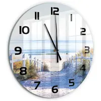 Tulup Wandklok - Kustduinen Decoratieve Glazen Klok - fi60 cm - Beige Glazen Wandklok Design - Zwarte handen - Ronde Klok - Glazen Klok Met Print - Wandklok Glas Met Motief