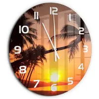 Tulup Wandklok - Zonsondergangstrand Glazen Wandklok Design - fi60 cm - Oranje Klok Glas Met Opdruk - Witte handen - Ronde Klok - Wandklok Glas Met Motief - Decoratieve Glazen Klok