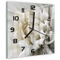 Tulup Wandklok - Witte dahlia Glazen Wandklok Design - 30x30 cm - Wit Klok Glas Met Opdruk - Zwarte handen - Vierkante Klok - Wandklok Glas Met Motief - Decoratieve Glazen Klok
