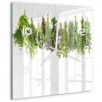 Tulup Wandklok - Kruiden aan een touwtje Glazen Wandklok Design - 30x30 cm - Groente Klok Glas Met Opdruk - Witte handen - Vierkante Klok - Wandklok Glas Met Motief - Decoratieve Glazen Klok