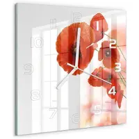 Tulup Wandklok - Klaprozen Wandklok Glas Met Motief - 30x30 cm - Rood Decoratieve Glazen Klok - Witte handen - Vierkante Klok - Gekleurde Glazen Klok - Glazen Klok Met Print