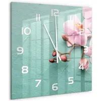 Tulup Wandklok - Orchidee Glazen Wandklok Design - 60x60 cm - Roze Klok Glas Met Opdruk - Witte handen - Vierkante Klok - Wandklok Glas Met Motief - Decoratieve Glazen Klok