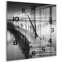 Tulup Wandklok - Houten brug Decoratieve Glazen Klok - 60x60 cm - Zwart-wit Glazen Wandklok Design - Zwarte handen - Vierkante Klok - Glazen Klok Met Print - Wandklok Glas Met Motief