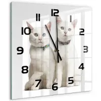 Tulup Wandklok - Witte katten Glazen Klok Met Print - 60x60 cm - Wit Wandklok Glas Met Motief - Zwarte handen - Vierkante Klok - Wandklok Glas Decoratie - Gekleurde Glazen Klok