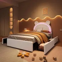 STILVORA gestoffeerd bed 90 x 200 cm met een beren hoofdeinde en 4 lades, kinderbed met lades aan beide zijden, tienerbed met LED-verlichting bedienbaar via een app