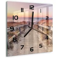 Tulup Wandklok - De weg naar het strand Glazen Wandklok Design - 30x30 cm - Oranje Klok Glas Met Opdruk - Zwarte handen - Vierkante Klok - Wandklok Glas Met Motief - Decoratieve Glazen Klok