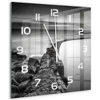 Tulup Wandklok - Rotsachtig strand Klok Glas Met Opdruk - 60x60 cm - Zwart-wit Moderne Wandklok Glas - Witte handen - Vierkante Klok - Decoratieve Glazen Klok - Glazen Wandklok Design