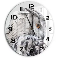 Tulup Wandklok - Witte Uil Decoratieve Glazen Klok - fi60 cm - Wit Glazen Wandklok Design - Zwarte handen - Ronde Klok - Glazen Klok Met Print - Wandklok Glas Met Motief