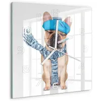 Tulup Wandklok - Zieke hond Moderne Wandklok Glas - 30x30 cm - Blauw Wandklok Glas Decoratie - Witte handen - Vierkante Klok - Glazen Wandklok Design - Klok Glas Met Opdruk