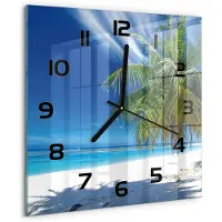 Tulup Wandklok - Tropisch strand Decoratieve Glazen Klok - 30x30 cm - Blauw Glazen Wandklok Design - Zwarte handen - Vierkante Klok - Glazen Klok Met Print - Wandklok Glas Met Motief