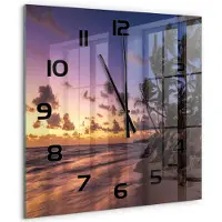 Tulup Wandklok - Weststrand Wandklok Glas Met Motief - 60x60 cm - Geel Decoratieve Glazen Klok - Zwarte handen - Vierkante Klok - Gekleurde Glazen Klok - Glazen Klok Met Print