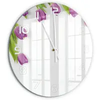 Tulup Wandklok - Paarse tulpen Glazen Klok Met Print - fi60 cm - Paars Wandklok Glas Met Motief - Witte handen - Ronde Klok - Wandklok Glas Decoratie - Gekleurde Glazen Klok