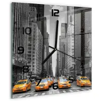 Tulup Wandklok - New Yorkse taxi's Glazen Wandklok Design - 30x30 cm - Geel Klok Glas Met Opdruk - Zwarte handen - Vierkante Klok - Wandklok Glas Met Motief - Decoratieve Glazen Klok