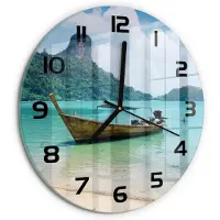 Tulup Wandklok - Łódź Glazen Klok Met Print - fi30 cm - Blauw Wandklok Glas Met Motief - Zwarte handen - Ronde Klok - Wandklok Glas Decoratie - Gekleurde Glazen Klok