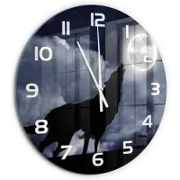 Tulup Wandklok - Huilende Wolf Volle Maan Glazen Wandklok Design - fi60 cm - Zwart Klok Glas Met Opdruk - Witte handen - Ronde Klok - Wandklok Glas Met Motief - Decoratieve Glazen Klok