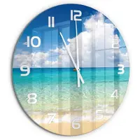 Tulup Wandklok - Paradijsstrand Gekleurde Glazen Klok - fi60 cm - Blauw Glazen Klok Met Print - Witte handen - Ronde Klok - Moderne Wandklok Glas - Wandklok Glas Decoratie