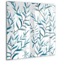 Tulup Wandklok - Bladeren Wandklok Glas Met Motief - 60x60 cm - Blauw Decoratieve Glazen Klok - Witte handen - Vierkante Klok - Gekleurde Glazen Klok - Glazen Klok Met Print