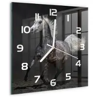 Tulup Wandklok - Grijze Arabische Paard Wandklok Glas Decoratie - 30x30 cm - Zwart Gekleurde Glazen Klok - Witte handen - Vierkante Klok - Klok Glas Met Opdruk - Moderne Wandklok Glas
