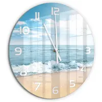 Tulup Wandklok - Strand Gekleurde Glazen Klok - fi60 cm - Blauw Glazen Klok Met Print - Witte handen - Ronde Klok - Moderne Wandklok Glas - Wandklok Glas Decoratie